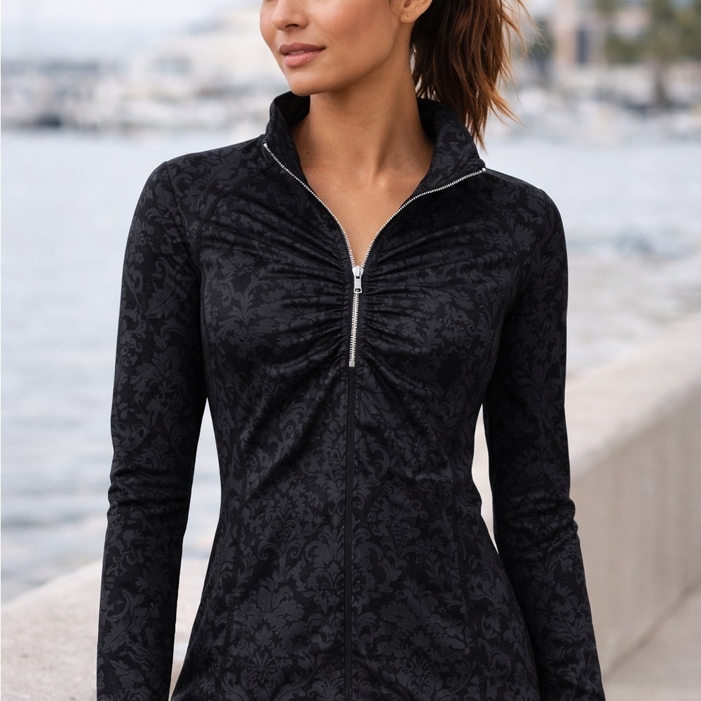 Athleta Black Damask Ruched 3/4 Zip Performance Jacket Small
